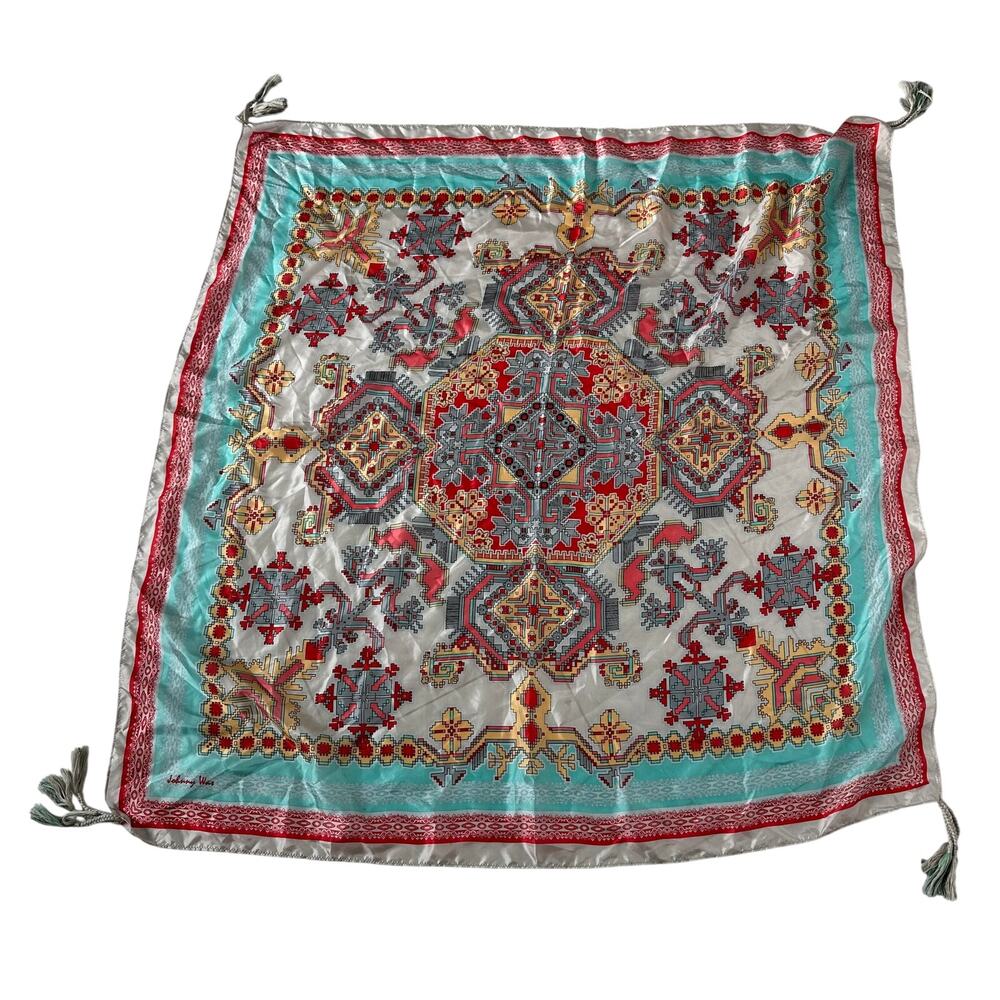 Johnny Was 100% Silk Square Scarf Tassels Southwestern Blue/Red